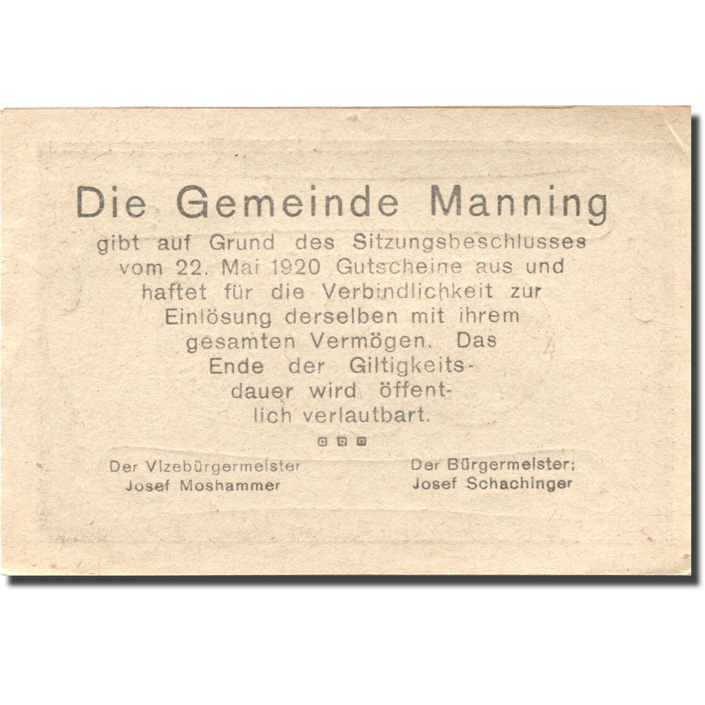 Banknote, Austria, Manning, 20 Heller, village, 1920 UNC(63) Mehl:FS 578a
