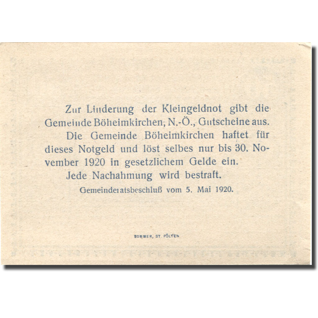 Banknote, Austria, Böheimkirchen, 50 Heller, Eglise, 1920 UNC(63) Mehl:FS 97