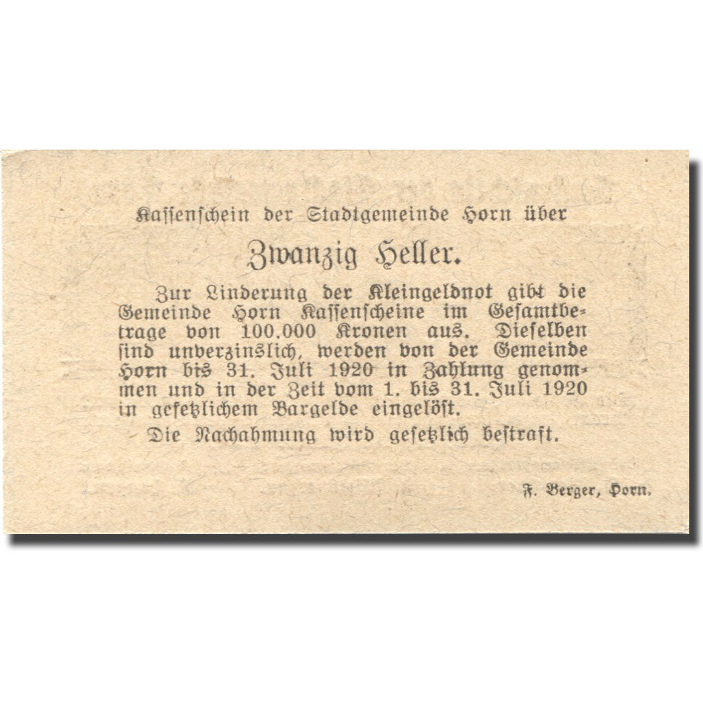 Banknote, Germany, Horn, 20 Heller, valeur faciale, 1920 UNC(63) Mehl:FS 397Ia2
