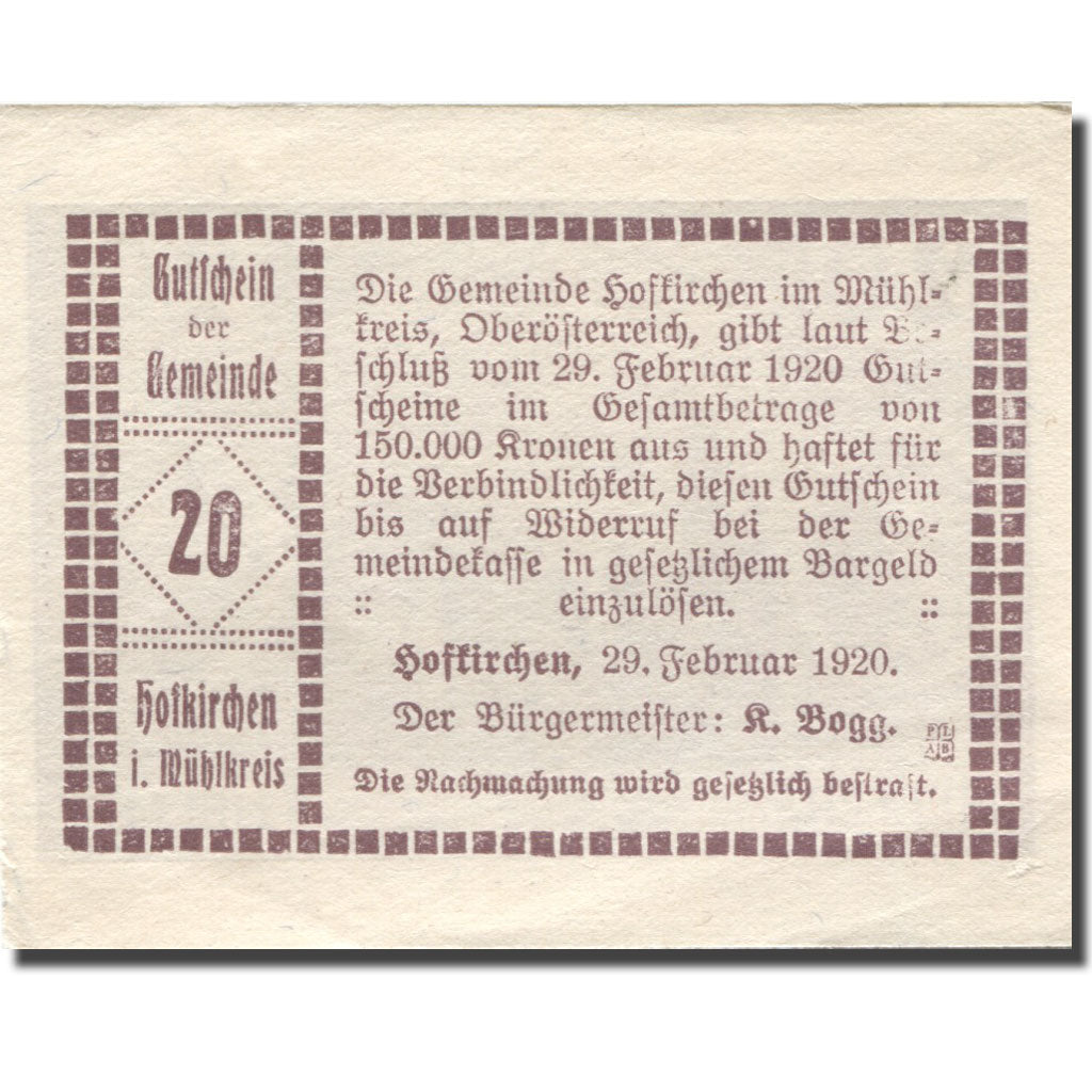 Geldschein, Österreich, Hofkirchen, 20 Heller, Eglise, 1920 UNZ- Mehl:FS 386Id2