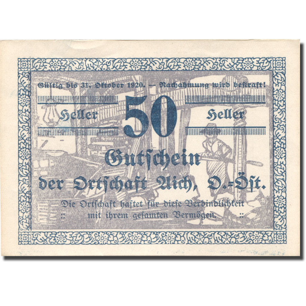Banknote, Austria, Aich, 50 Heller, Usine 1920-10-31, UNC(63), Mehl:FS 10a