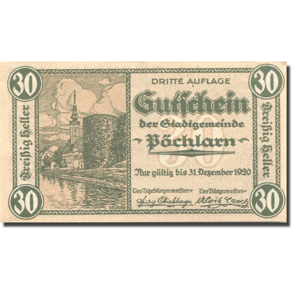 Banknote, Austria, Pöchlarn, 30 Heller, château 1, 1920 UNC(63) Mehl:FS 755III