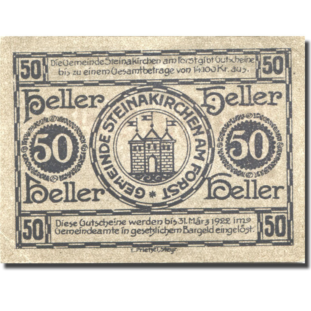 Banconote, Austria, Steinakirchen 50 Heller, château, 1922 SPL Mehl:FS 1017I