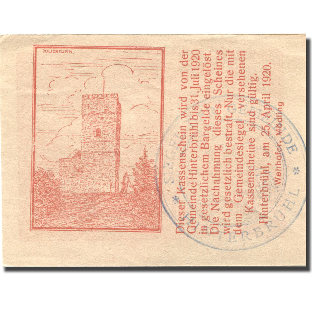 Banknote Austria Hinterbrühl 20Heller ruine 1, 1920 UNC(63) orange Mehl:FS 376Ia