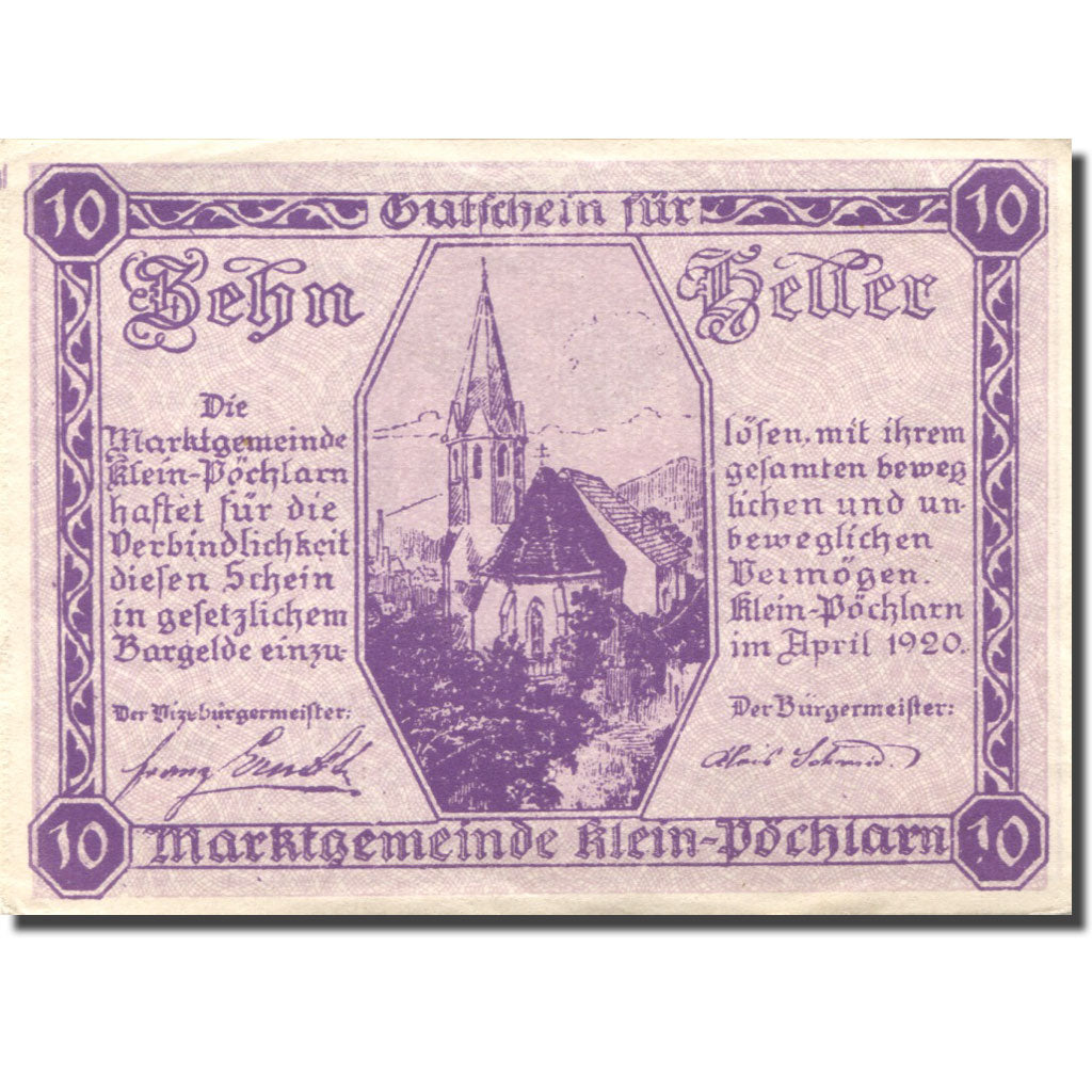 Banknote, Austria, Klein-Pochlarn, 10 Heller, Eglise, 1920 UNC(63) Mehl:FS 457c