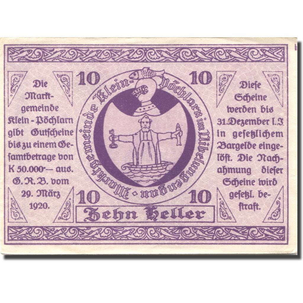Banknote, Austria, Klein-Pochlarn, 10 Heller, Eglise, 1920 UNC(63) Mehl:FS 457c