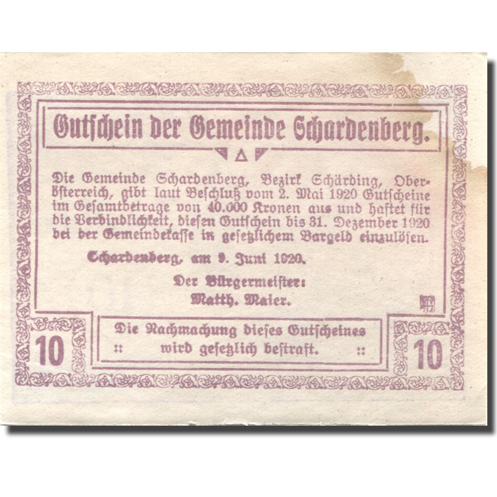 Banknote, Austria, Schardenberg, 10 Heller, ferme, 1920 EF(40-45) Mehl:FS 954b