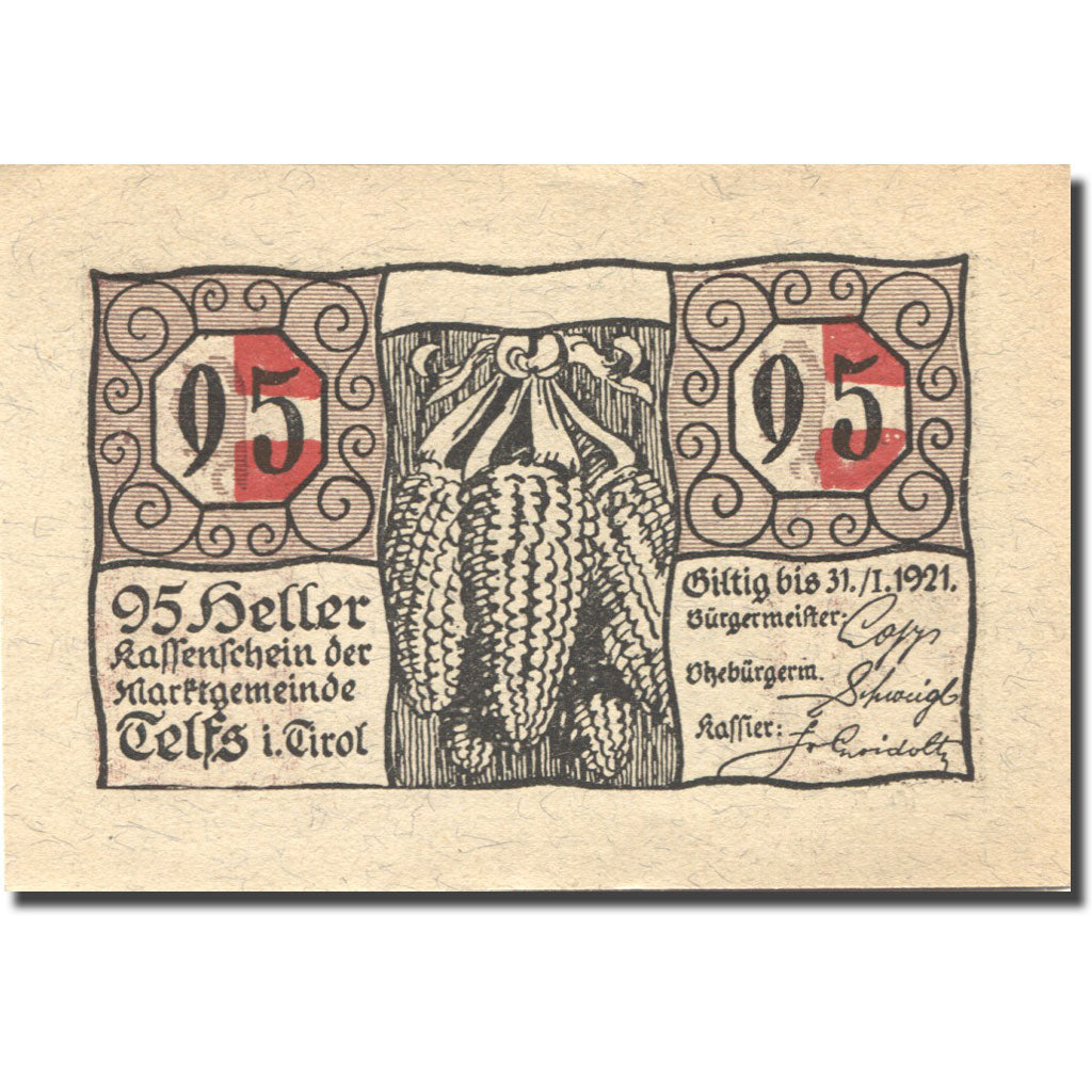 Banknote, Austria, Telfs, 95 Heller, temple 1921-01-31, UNC(63), Mehl:FS 1061a