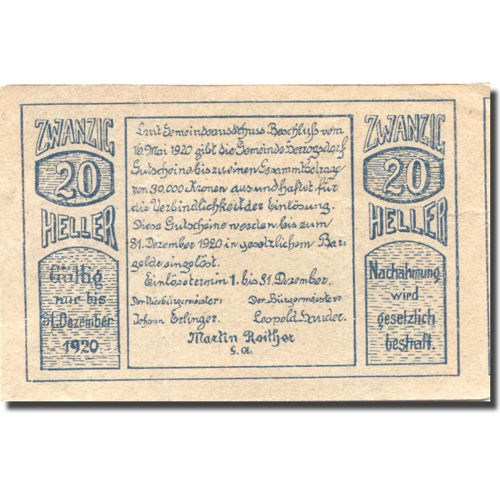 Banknote, Austria, Einlos, 20 Heller, village 1920 VF(20-25) Mehl:FS 1150
