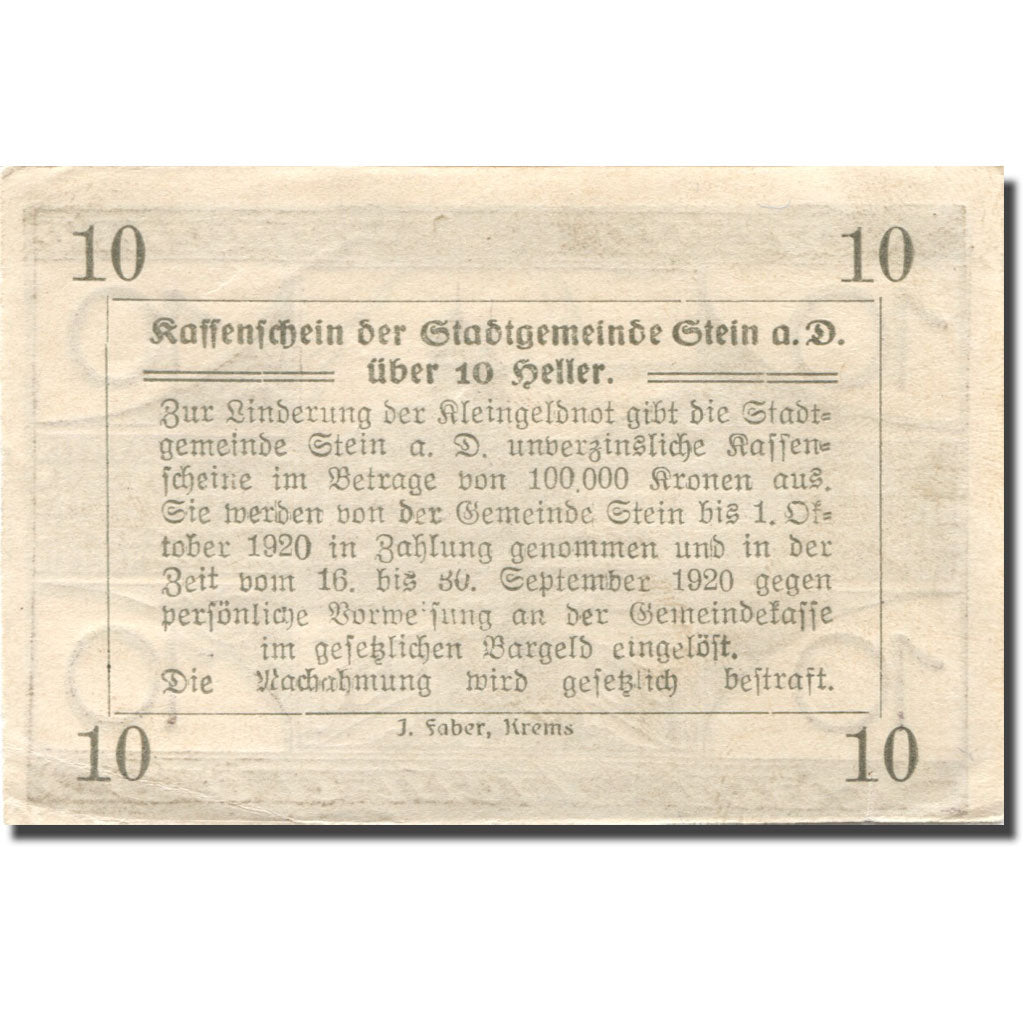 Banknote, Austria, Stein, 10 Heller, Blason, 1920 AU(55-58) Mehl:FS 1015I.3