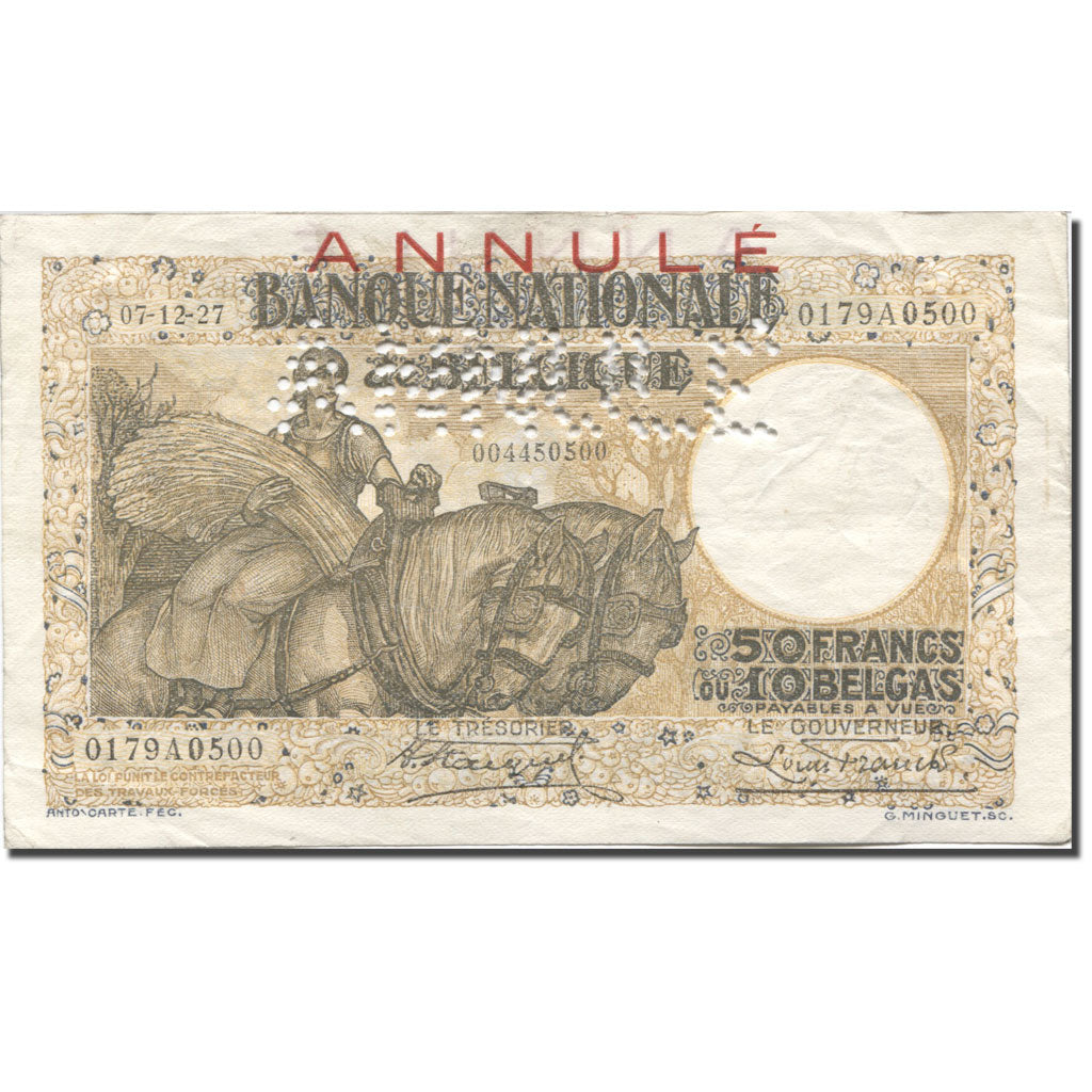 Belgium, 50 Francs-10 Belgas, 1927-12-07, ANNULÉ, VF 30 EPQ, PMG