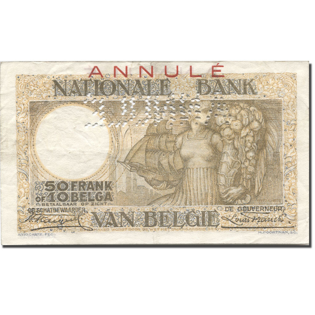 Belgium, 50 Francs-10 Belgas, 1927-12-07, ANNULÉ, VF 30 EPQ, PMG