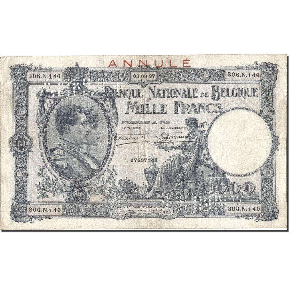 Belgium, 1000 Francs, 1927-08-03, ANNULÉ, VF 25, PMG