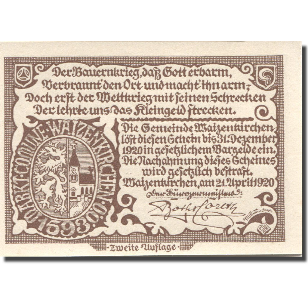 Banknote, Austria, Waizenkirchen, 50 Heller, village, 1920 UNC(63) Mehl:FS 1128a