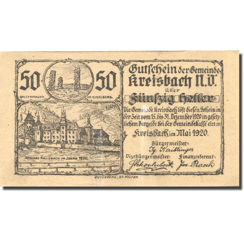 Banknote Austria Kreisbach 50 Heller château 2, 1920 gold AU(55-58) Mehl:FS 386