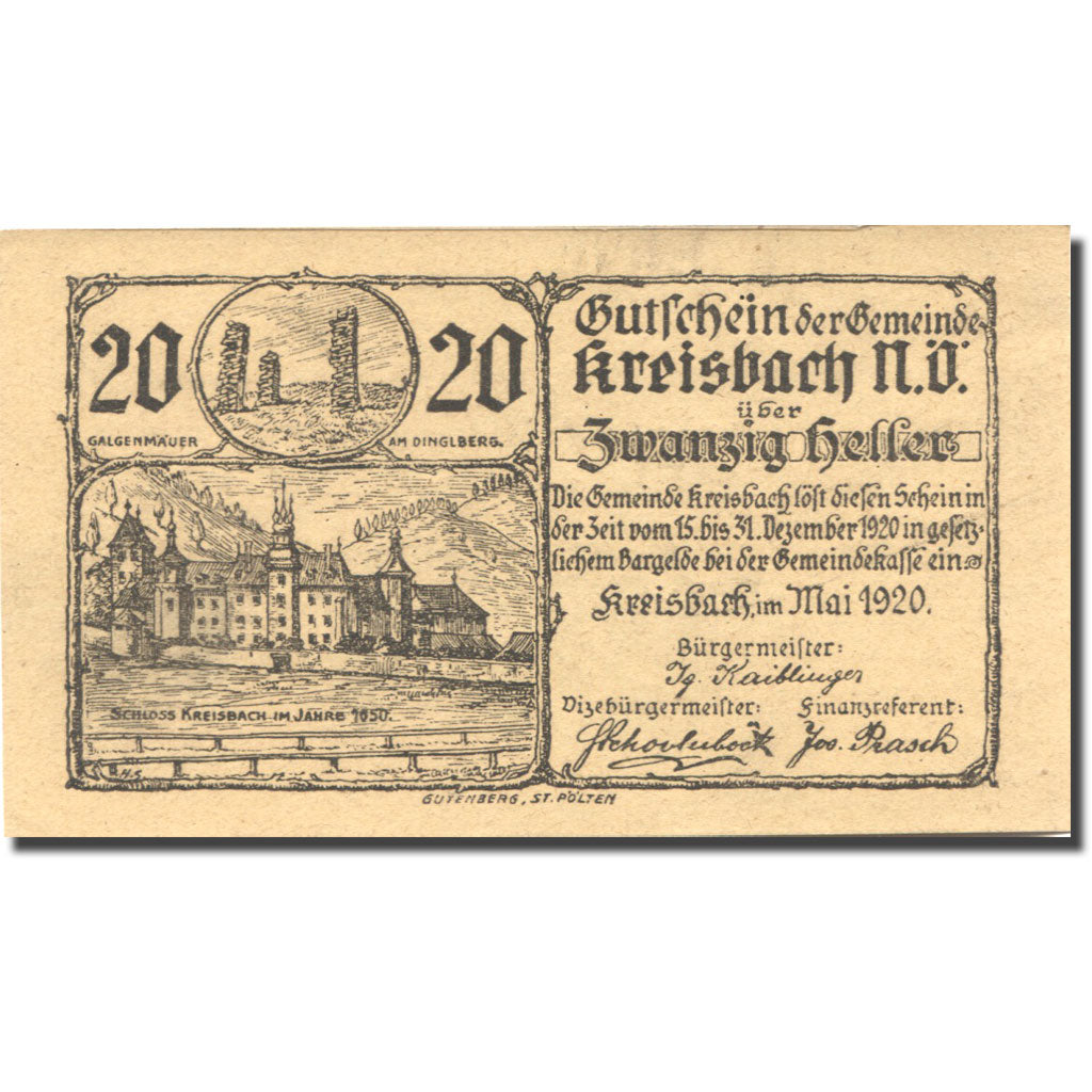 Banknote, Austria, Kreisbach, 20 Heller château 3, 1920 gold UNC(63) Mehl:FS 386