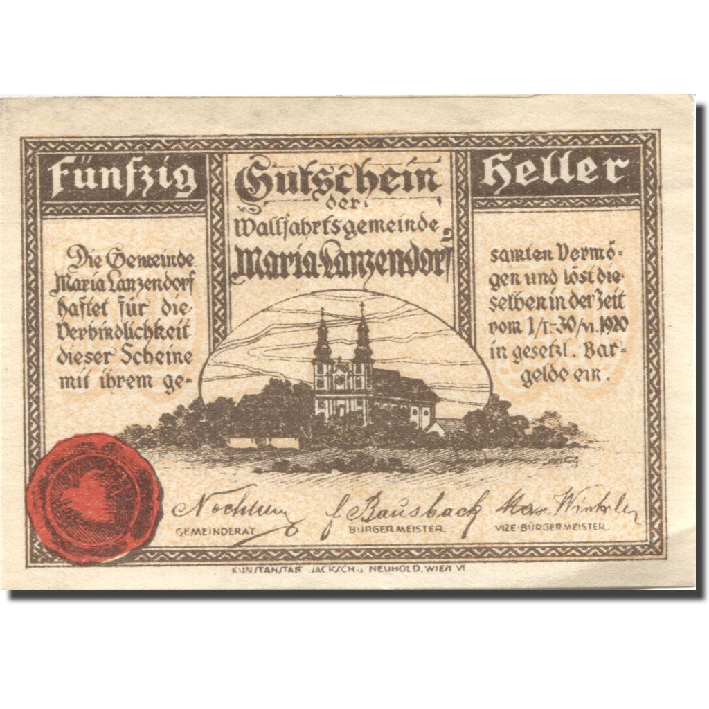 Banknote, Austria, Lanzendorf, 50 Heller, Eglise, UNC(63), Mehl:FS 586a