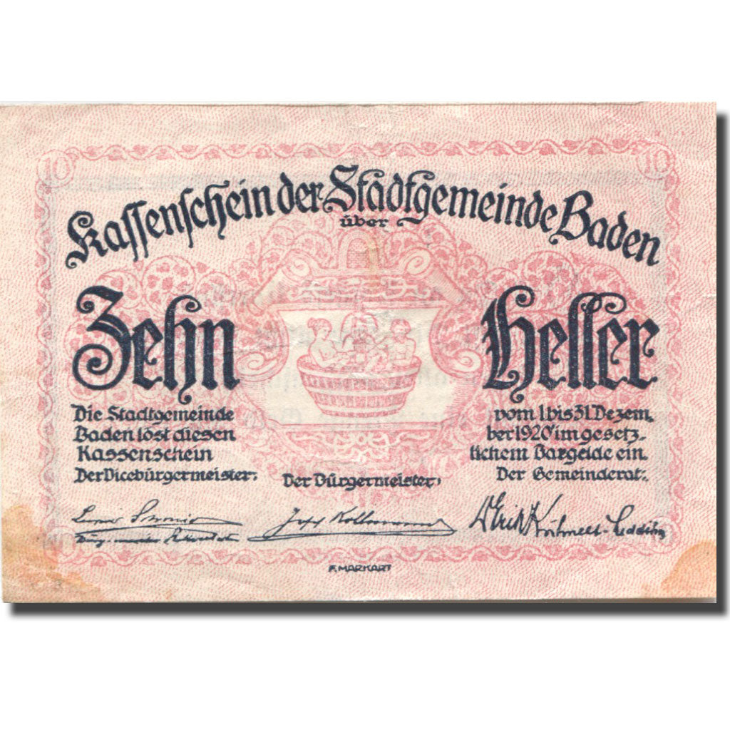 Banknote, Austria, Baden, 10 Heller, Blason, 1920 VF(20-25) Mehl:FS 74a