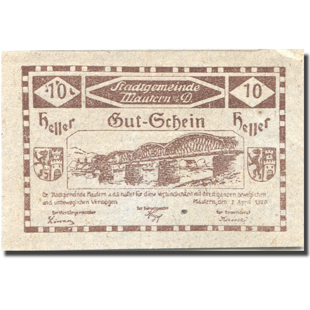 Banknote, Austria, Mautern, 10 Heller, pont 1920-12-31, UNC(63), Mehl:FS 600IAF