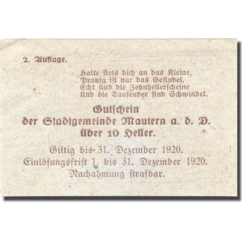 Banknote, Austria, Mautern, 10 Heller, pont 1920-12-31, UNC(63), Mehl:FS 600IAF