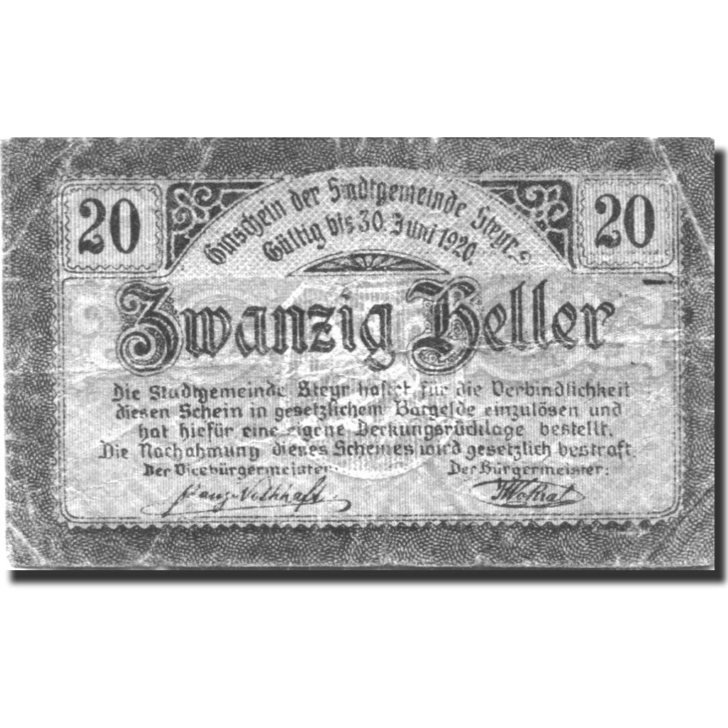 Banconote, Austria, Steyr, 20 Heller, Blason 1920-06-30, B, Mehl:FS 1034Ia
