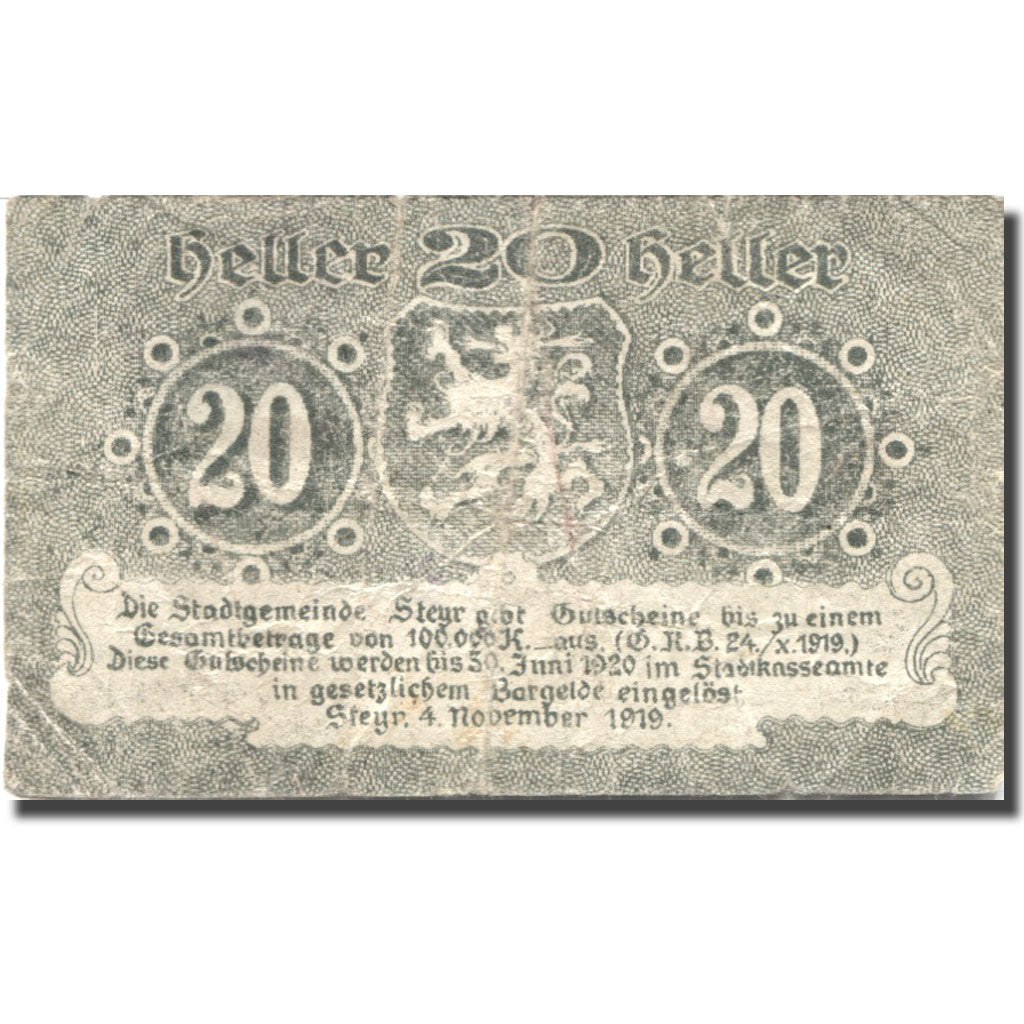 Banconote, Austria, Steyr, 20 Heller, Blason 1920-06-30, B, Mehl:FS 1034Ia