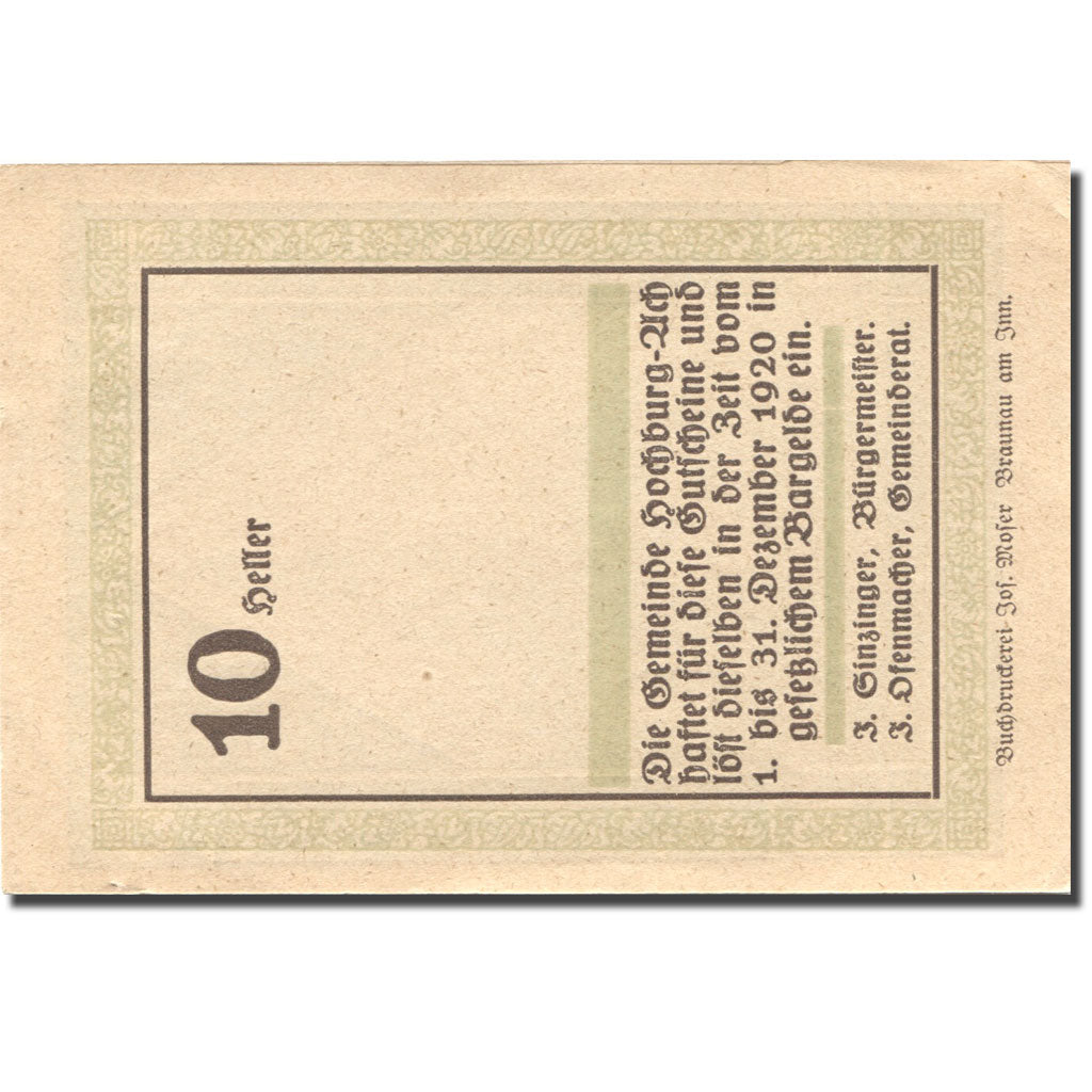 Banknote, Austria, Hochburg-Ach, 10 Heller, Eglise, 1920 UNC(63) Mehl:FS 62