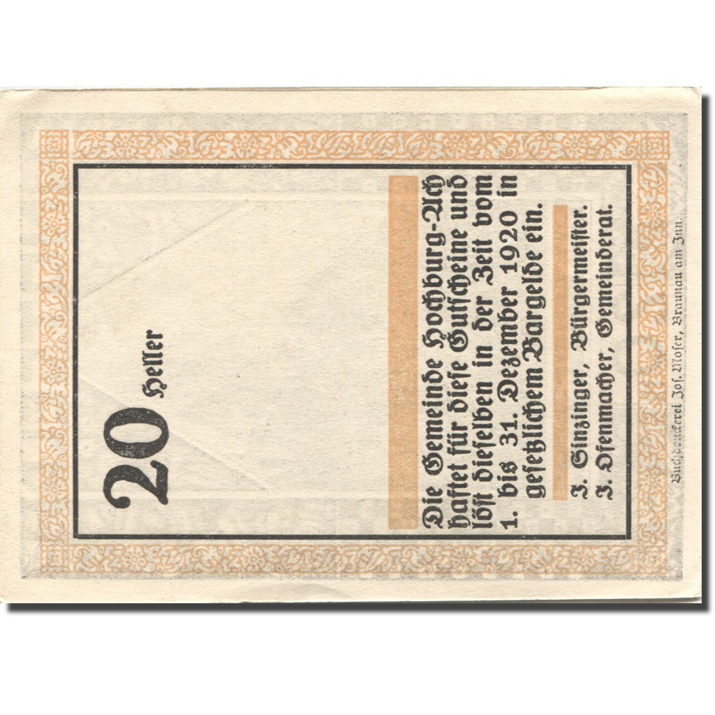 Banknote, Austria, Hochburg-Ach, 20 Heller, Eglise 1920-12-31 UNC(63) Mehl:FS 62