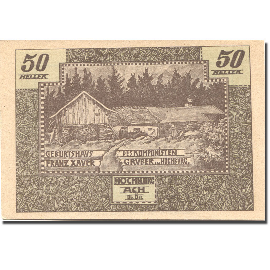 Banconote, Austria, Hochburg-Ach, 50 Heller, chalet, 1920 green SPL Mehl:FS 62