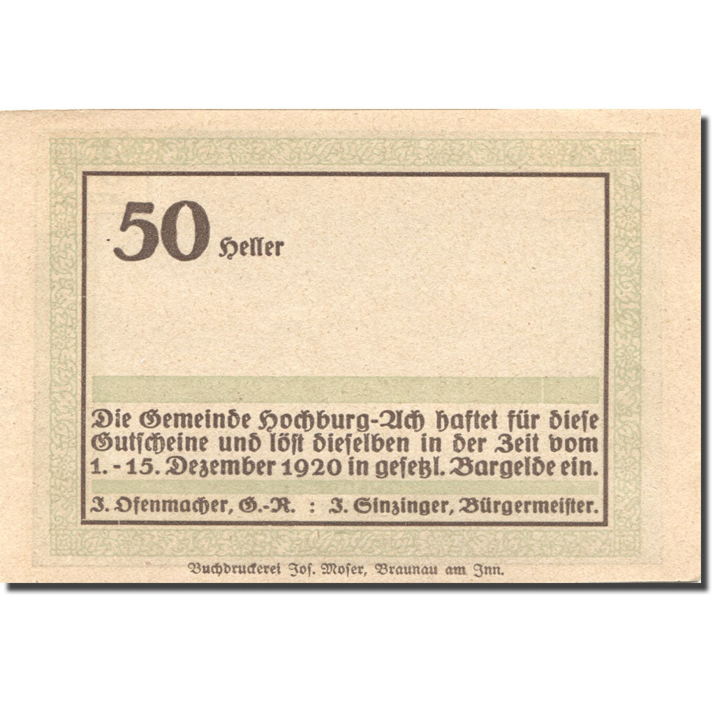 Banconote, Austria, Hochburg-Ach, 50 Heller, chalet, 1920 green SPL Mehl:FS 62