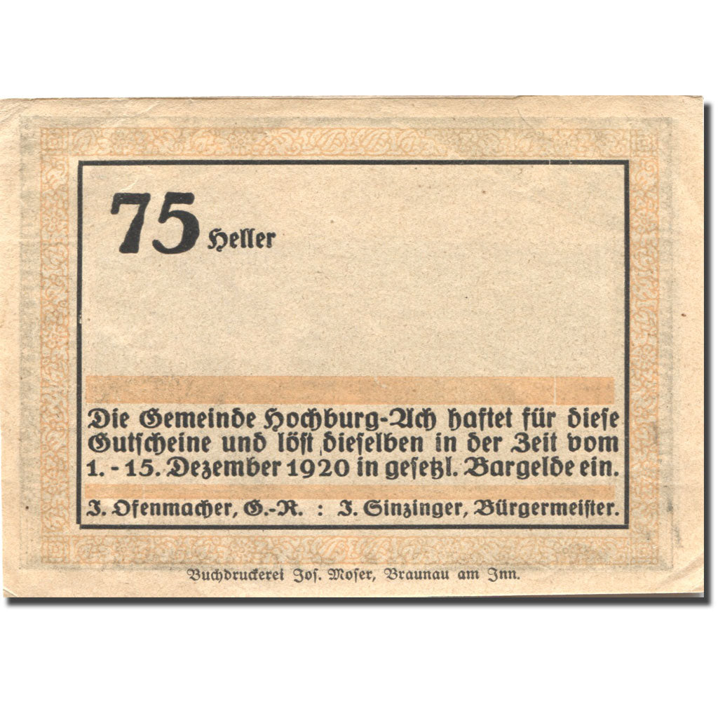 Banknote, Austria, Hochburg-Ach, 75 Heller, château, 1920 AU(55-58) Mehl:FS 62