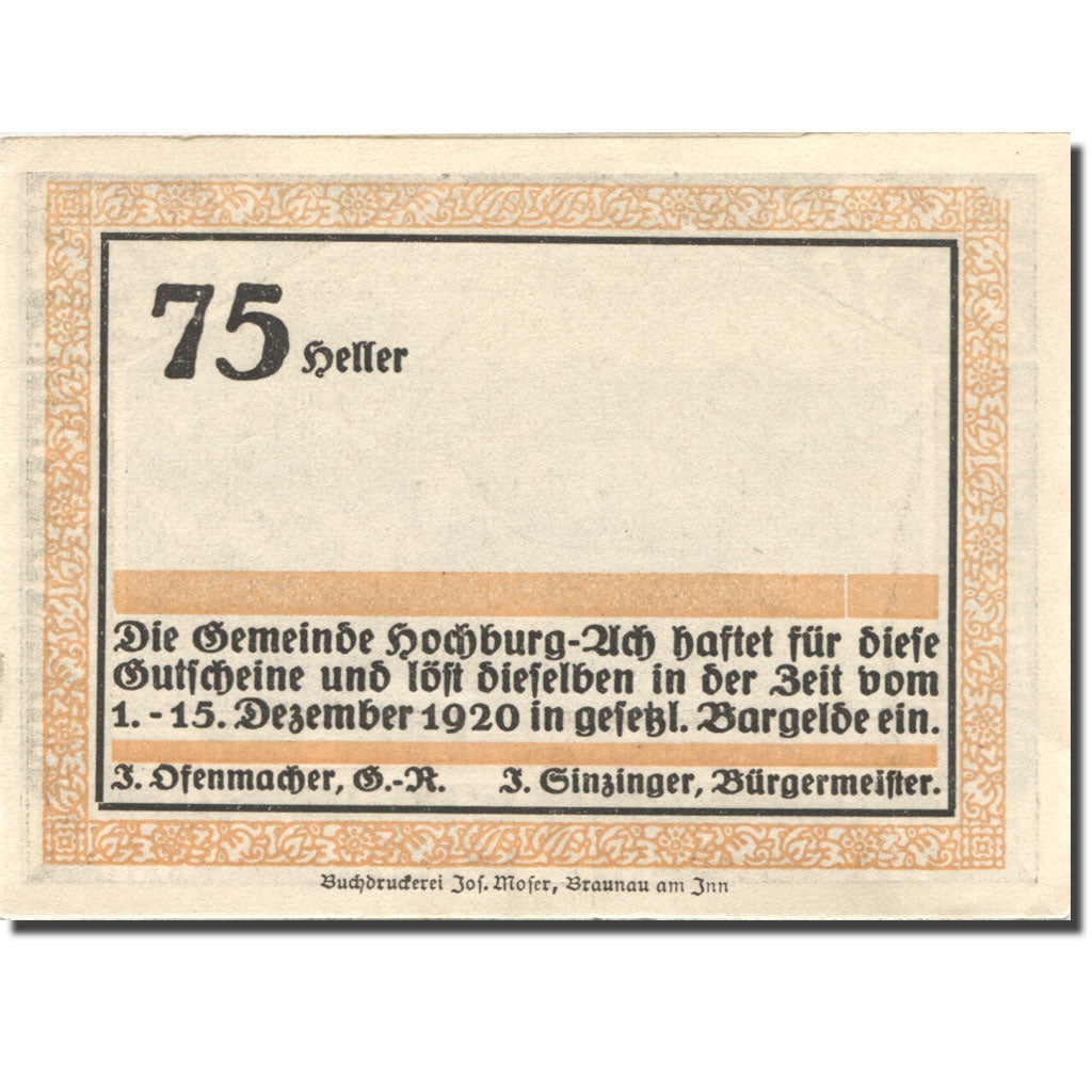 Banknote, Austria, Hochburg-Ach, 75 Heller, chateau 1, 1920 UNC(63) Mehl:FS 62