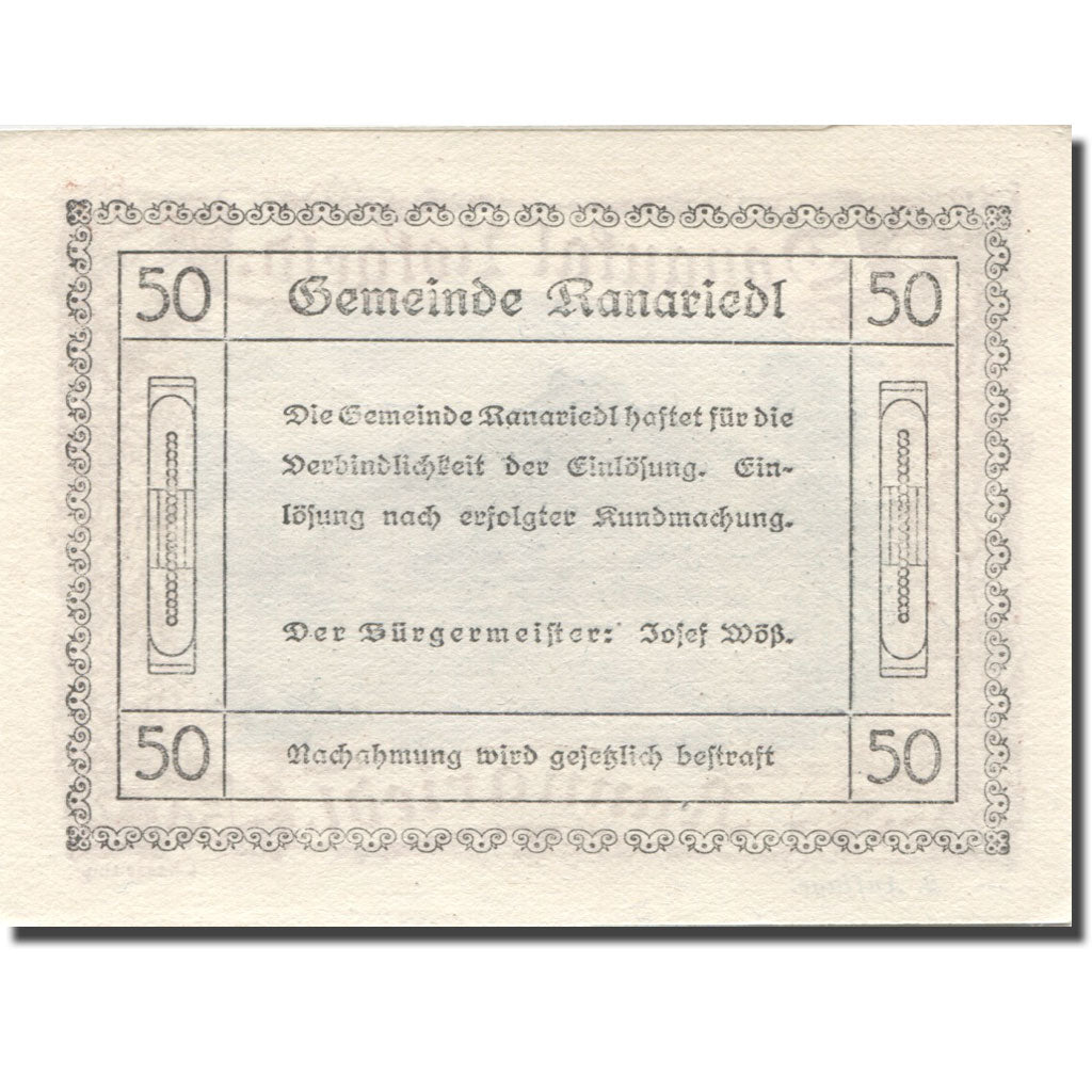 Banknote, Austria, Rannariedl, 50 Heller, lac, UNC(63), Mehl:FS 127d