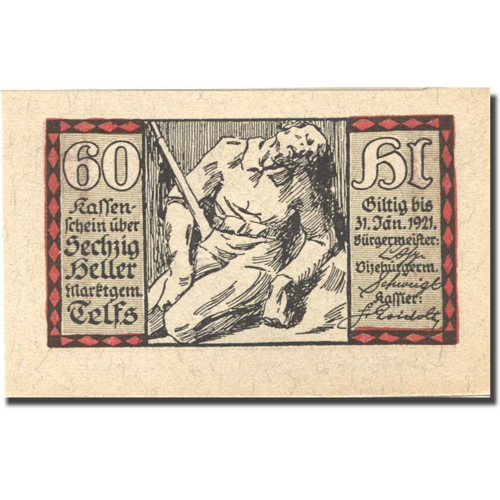 Banknote, Austria, Telfs, 60 Heller, personnage, 1921 UNC(63) Mehl:FS 1061d