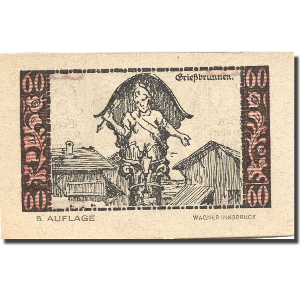 Banknote, Austria, Telfs, 60 Heller, personnage, 1921 UNC(63) Mehl:FS 1061d