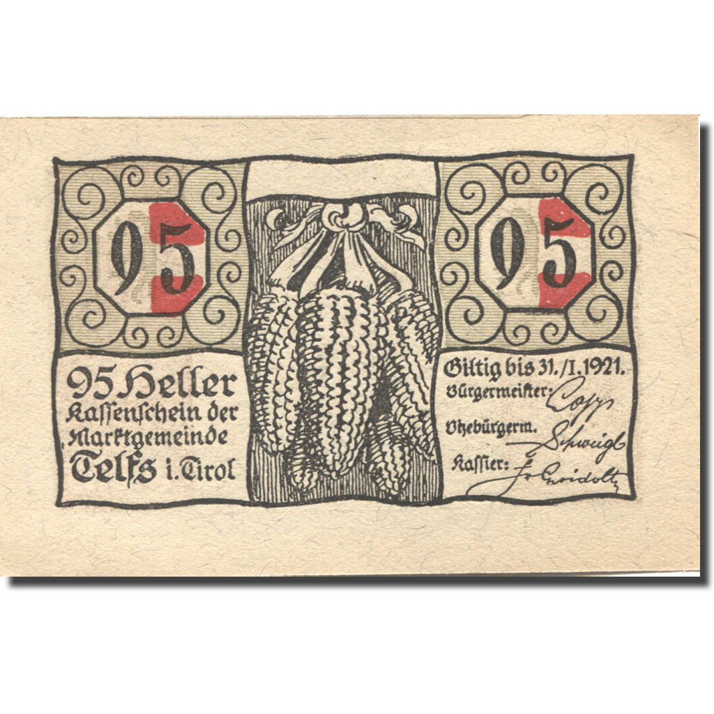 Banknote, Austria, Telfs, 95 Heller, temple 1921-01-31, UNC(63) Mehl:FS 1061d
