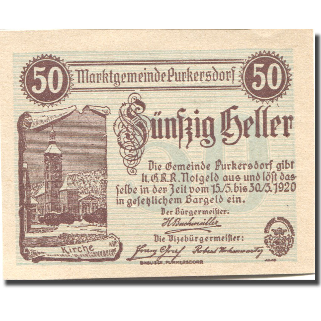 Banknote, Austria, Purkersdorf, 50 Heller, Eglise, 1920 UNC(63) Mehl:FS 801b