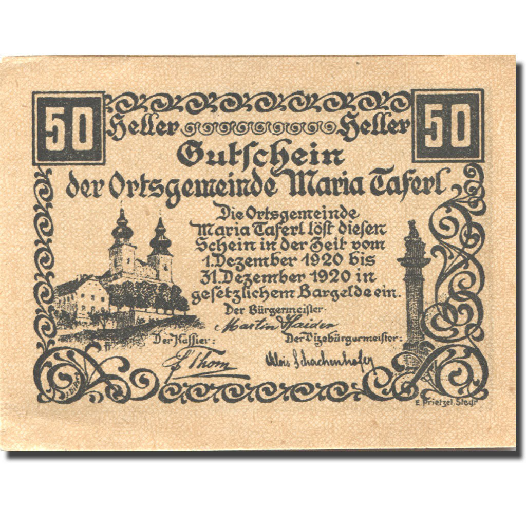 Banknote, Austria, Maria Taferl, 50 Heller, Eglise, 1920 UNC(63) Mehl:FS 588