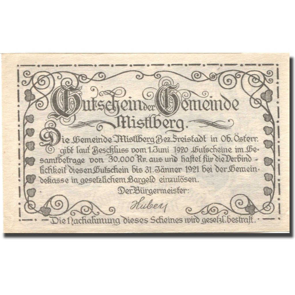 Banknote, Austria, Mistelberg, 20 Heller, ferme 1921 UNC(63) Mehl:FS 302