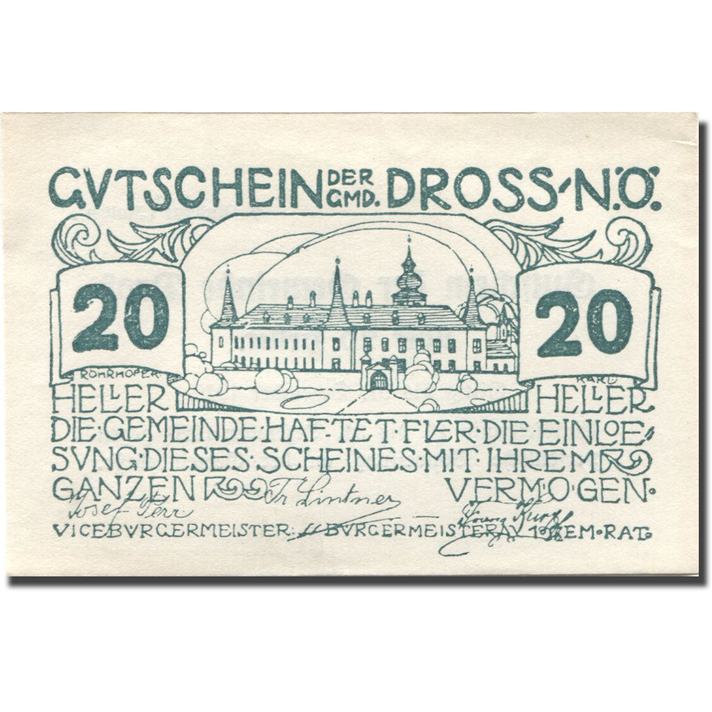 Banknote, Austria, Dross, 20 Heller, château, 1920 green UNC(63) Mehl:FS 135.3