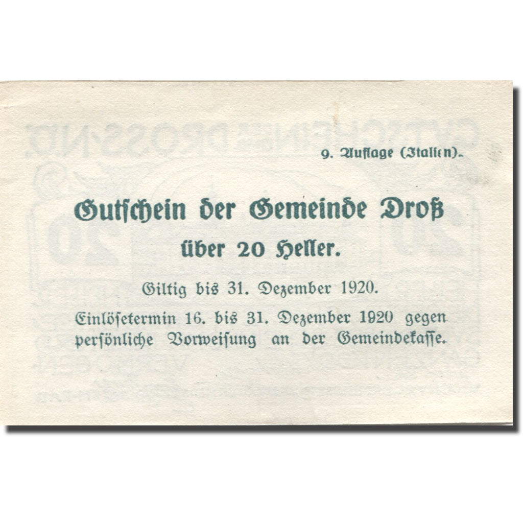 Banknote, Austria, Dross, 20 Heller, château, 1920 green UNC(63) Mehl:FS 135.3
