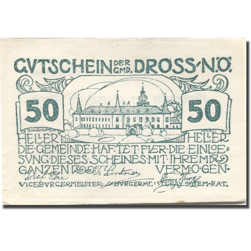 Banknote, Austria, Dross, 50 Heller, chateau 1, 1920 UNC(63) Mehl:FS 135.3