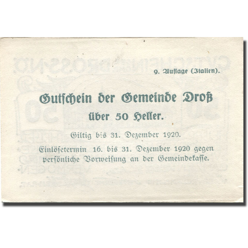 Banknote, Austria, Dross, 50 Heller, chateau 1, 1920 UNC(63) Mehl:FS 135.3