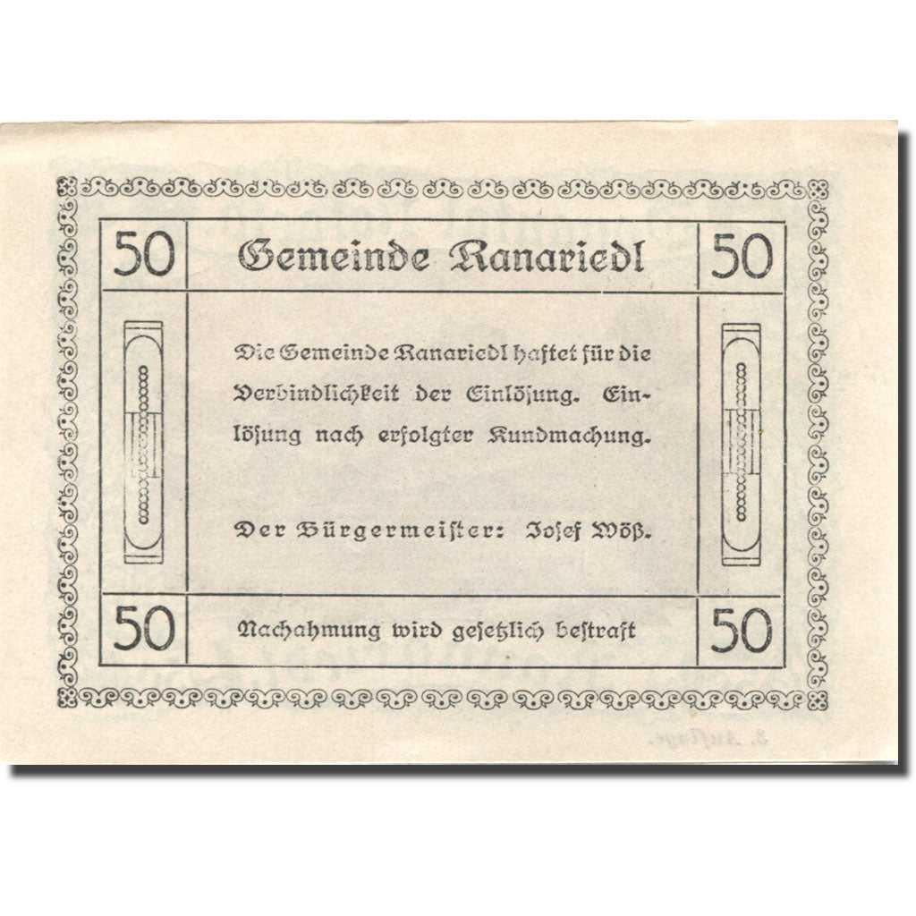 Billet, Autriche, Rannariedl, 50 Heller, lac, SPL, Mehl:FS 127i