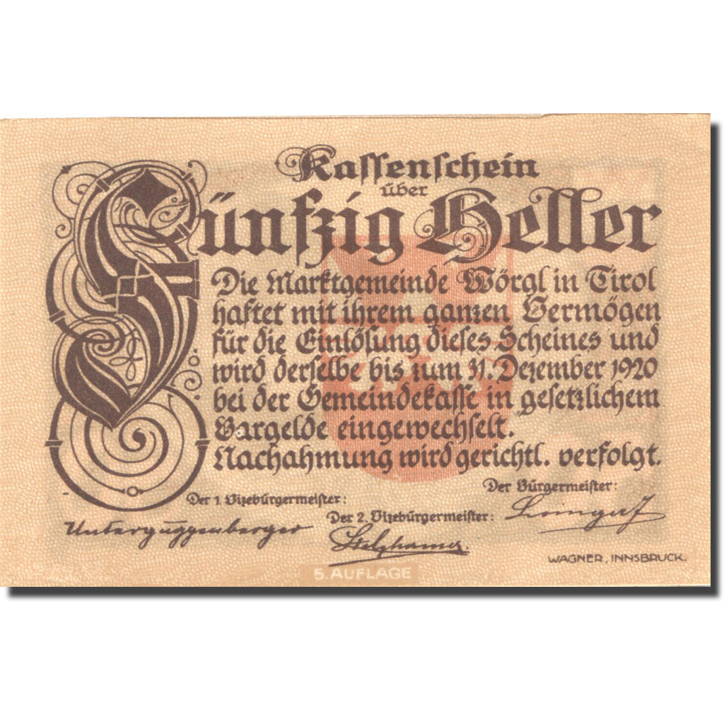 Banknote, Austria, Wörgl, 50 Heller, village 1920-12-31, UNC(63), Mehl:FS 1252a