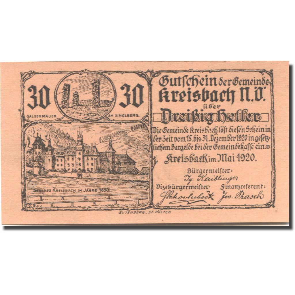 Banknote Austria Kreisbach 30 Heller château 2, 1920 UNC(63) orange Mehl:FS 386