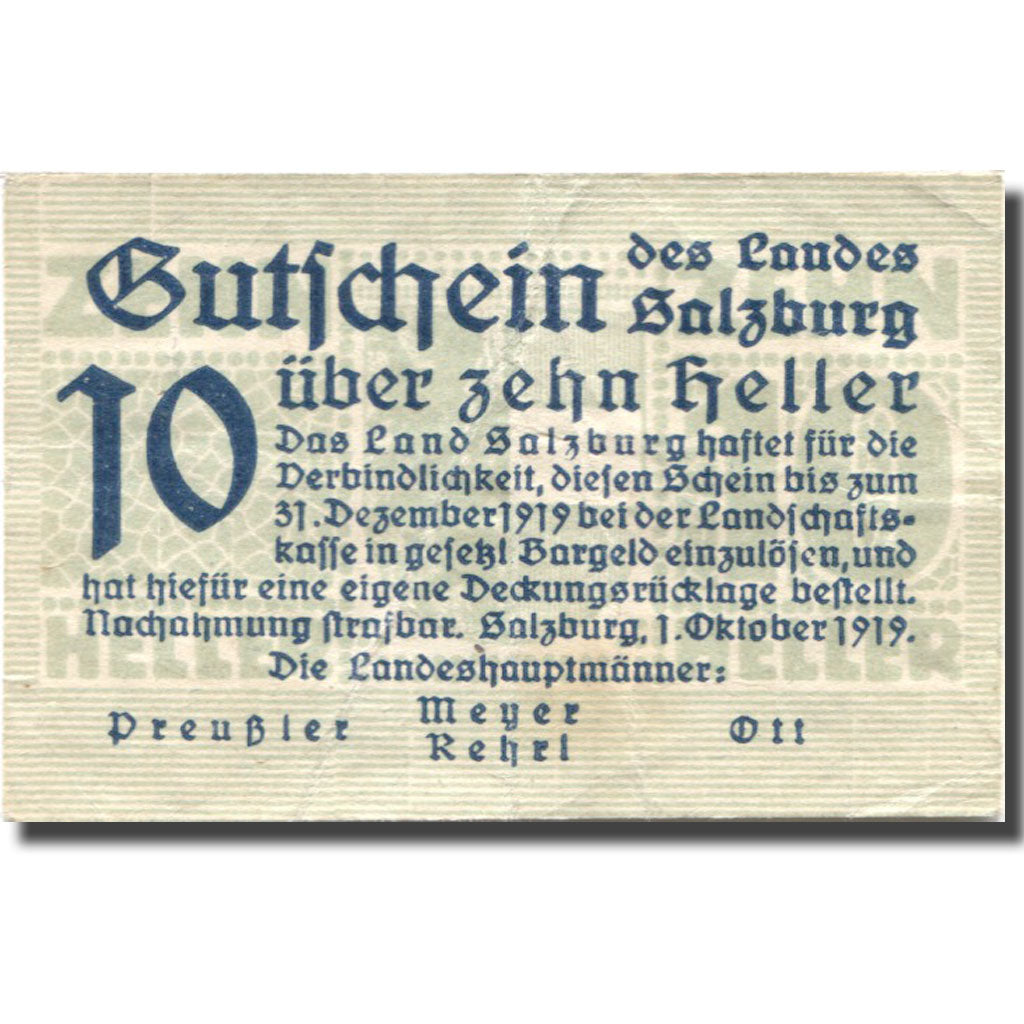 Banknote, Austria, Salzburg, 10 Heller face value 1919 EF(40-45) Mehl:FS 860I