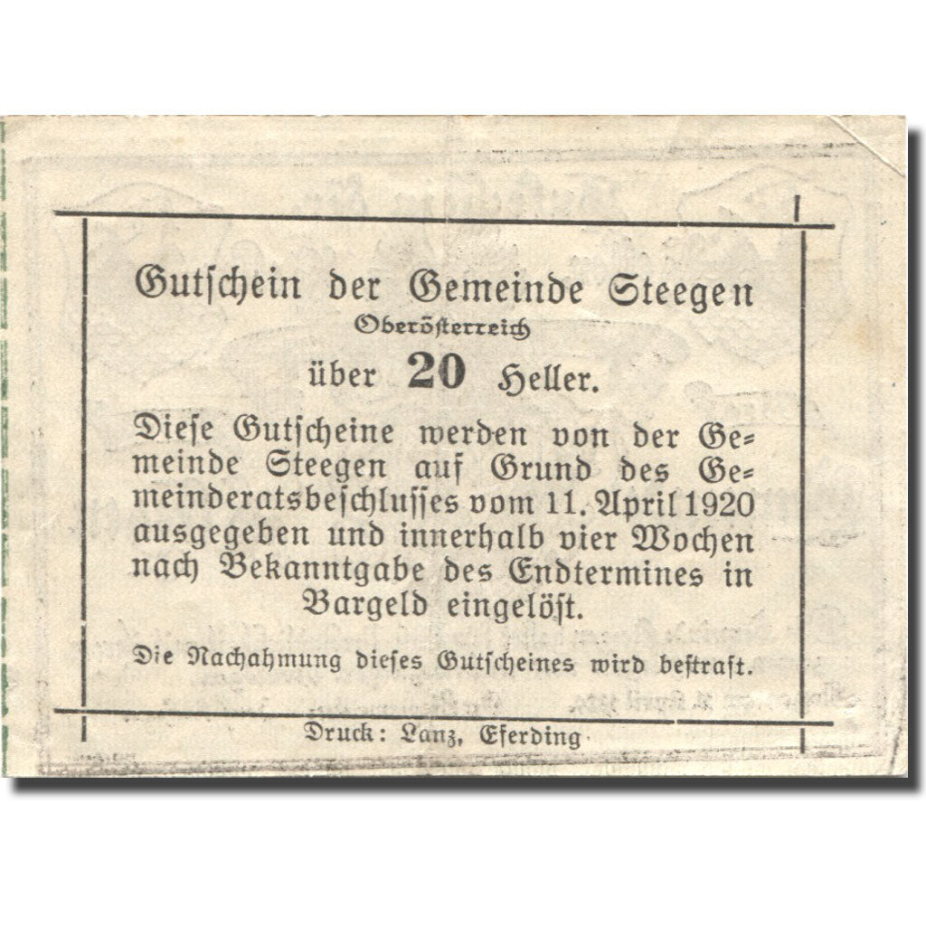 Banknote, Austria, Steegen, 20 Heller, Blason, 1920 EF(40-45) Mehl:FS 1012Ia