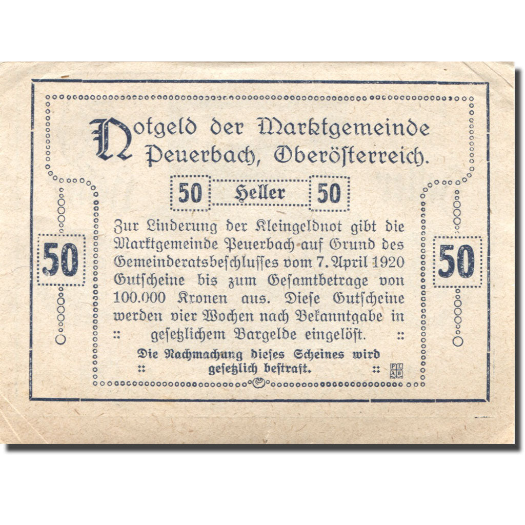Banknote, Austria, Peuerbach, 50 Heller, Eglise, 1920 EF(40-45) Mehl:FS 741IIa