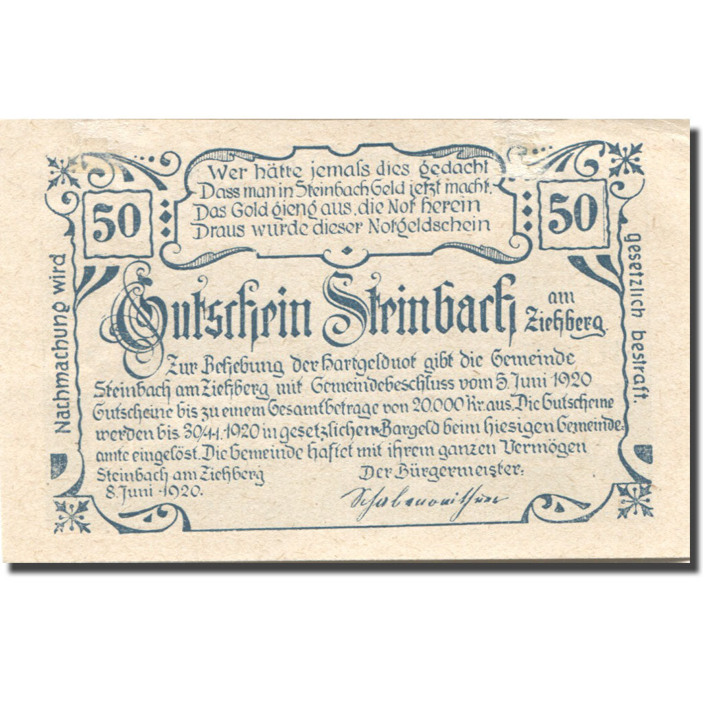 Banconote, Austria, Steinbach, 50 Heller, paysage, 1920 SPL- blue Mehl:FS 1024